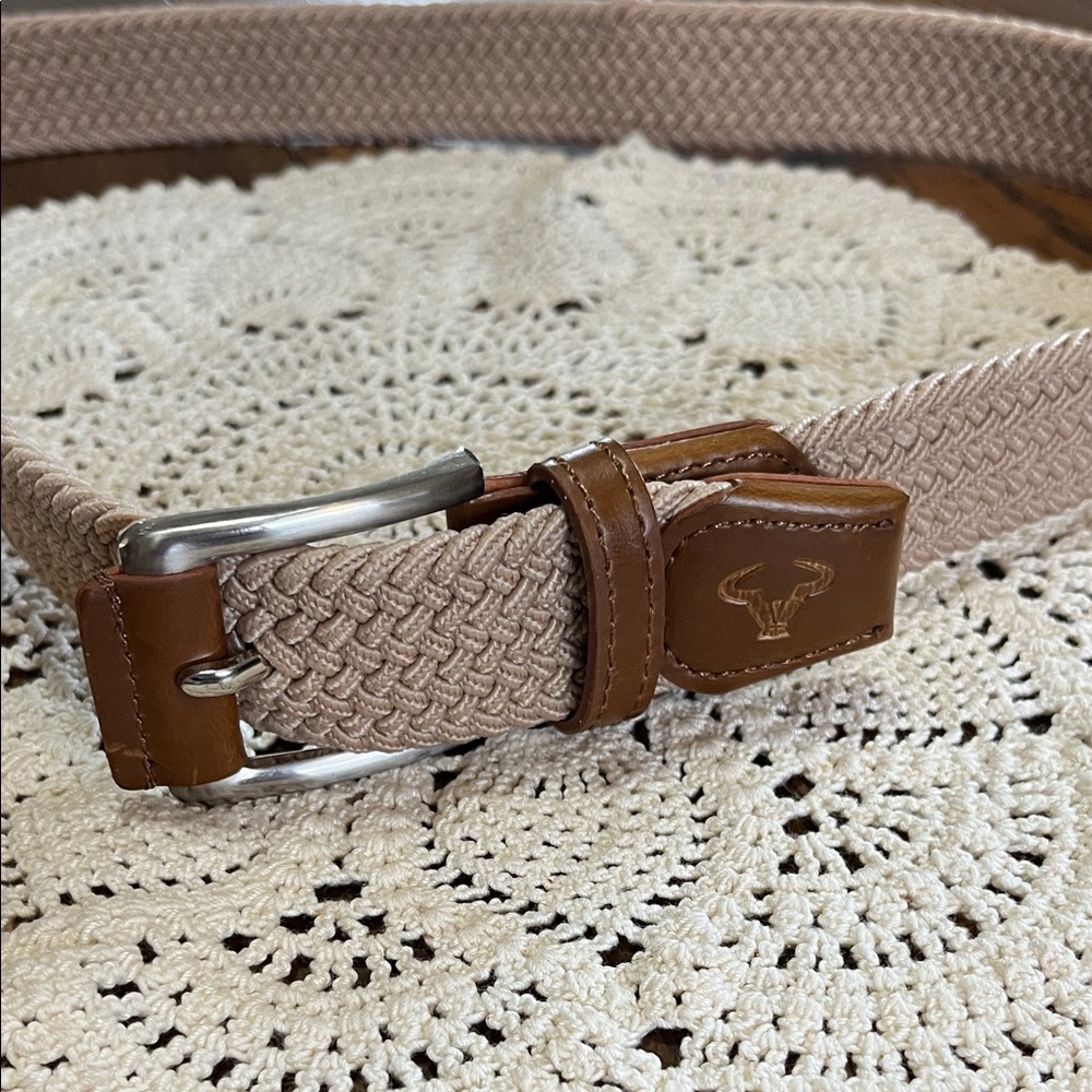 Men's Tan Woven Belt with Brown Leather Accents